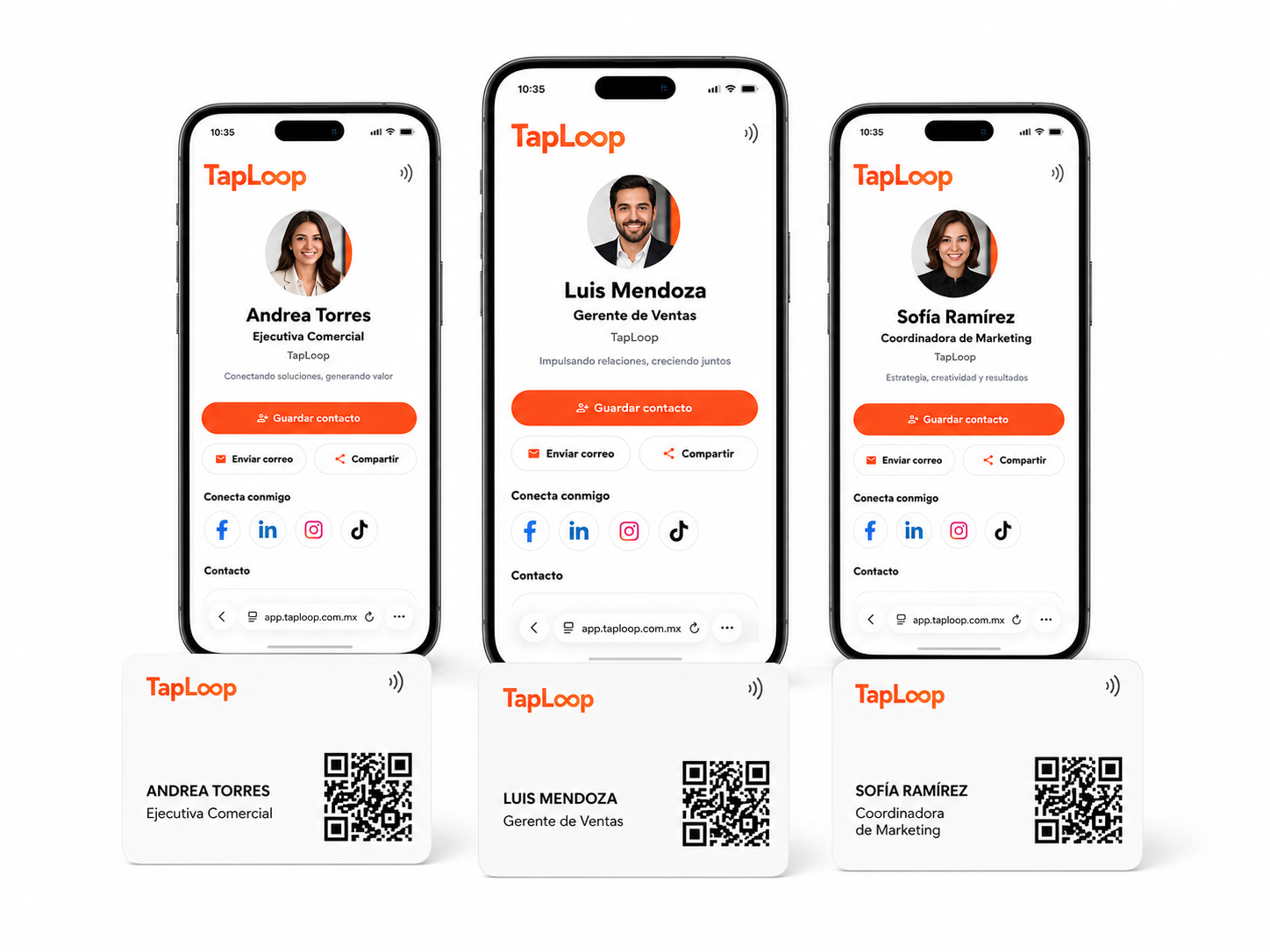 Equipo TapLoop con perfiles digitales y tarjetas NFC corporativas