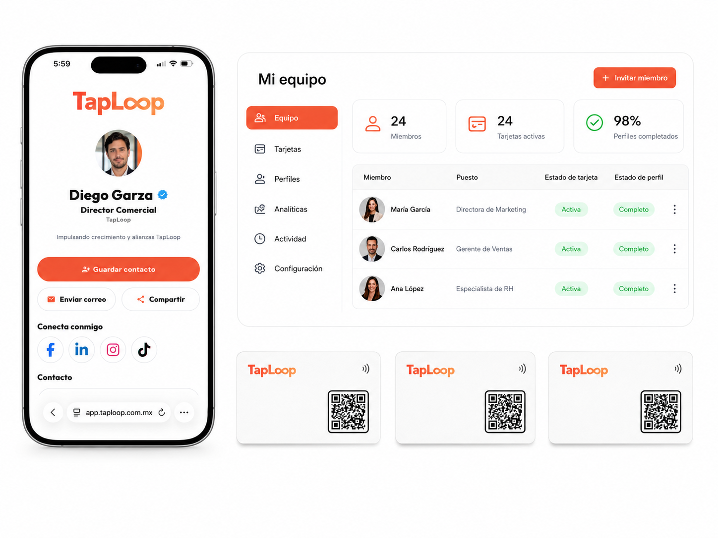 Panel TapLoop para administrar perfiles y tarjetas de equipos
