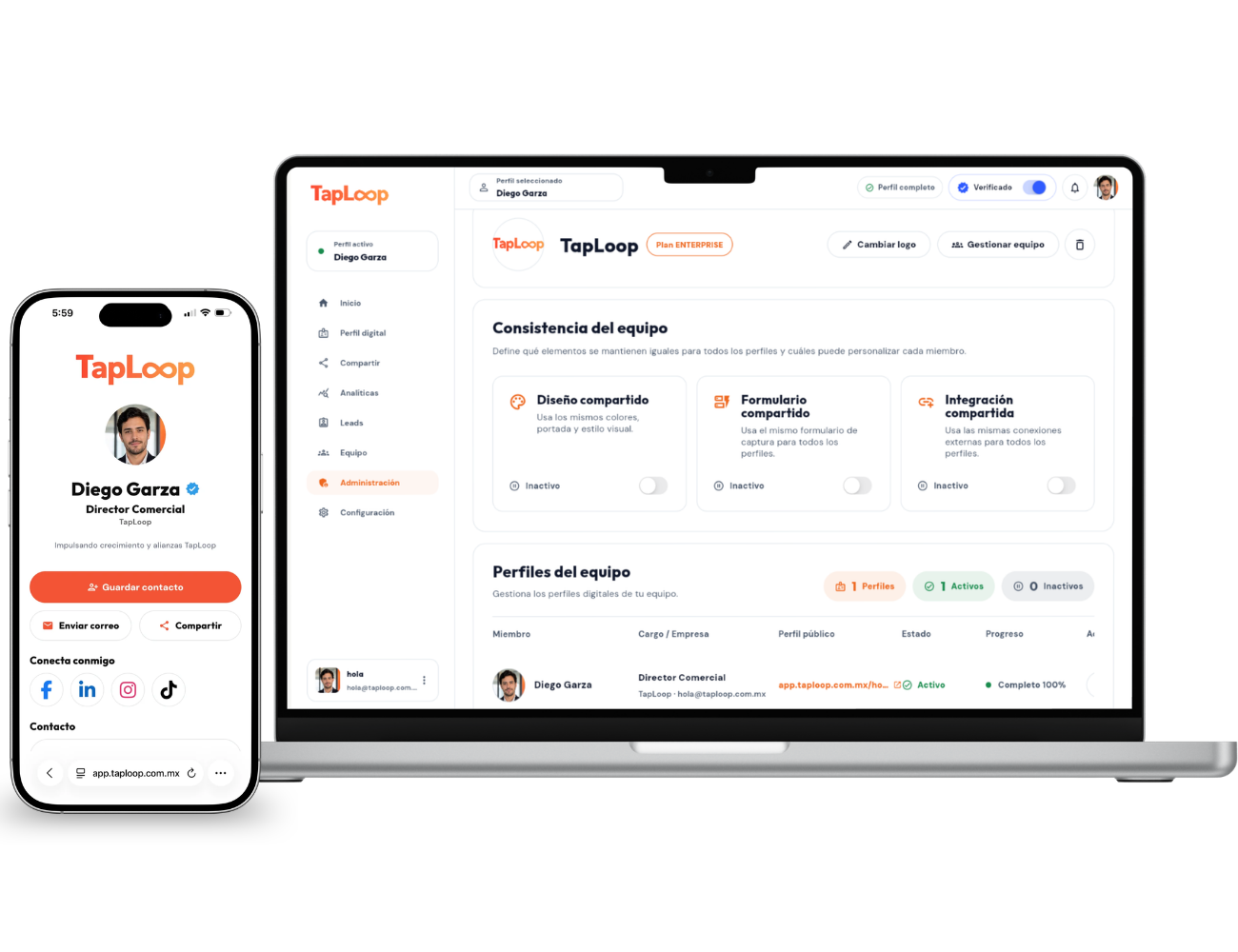 Plataforma TapLoop para administrar perfiles y tarjetas de equipo