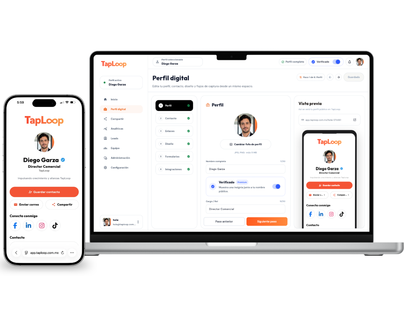 Editor de perfil digital TapLoop con vista de teléfono y plataforma