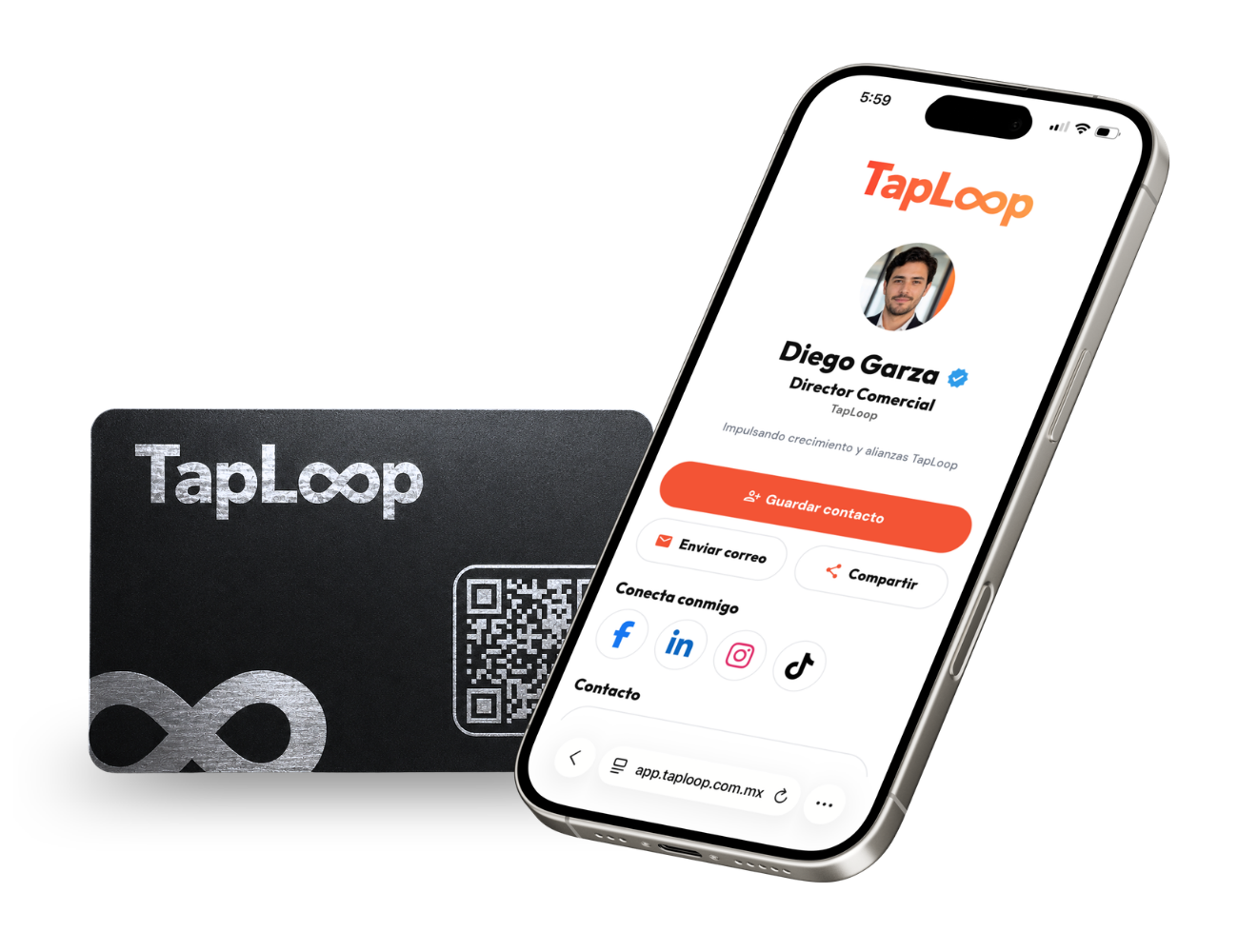 Tarjeta NFC metálica TapLoop con perfil digital en teléfono