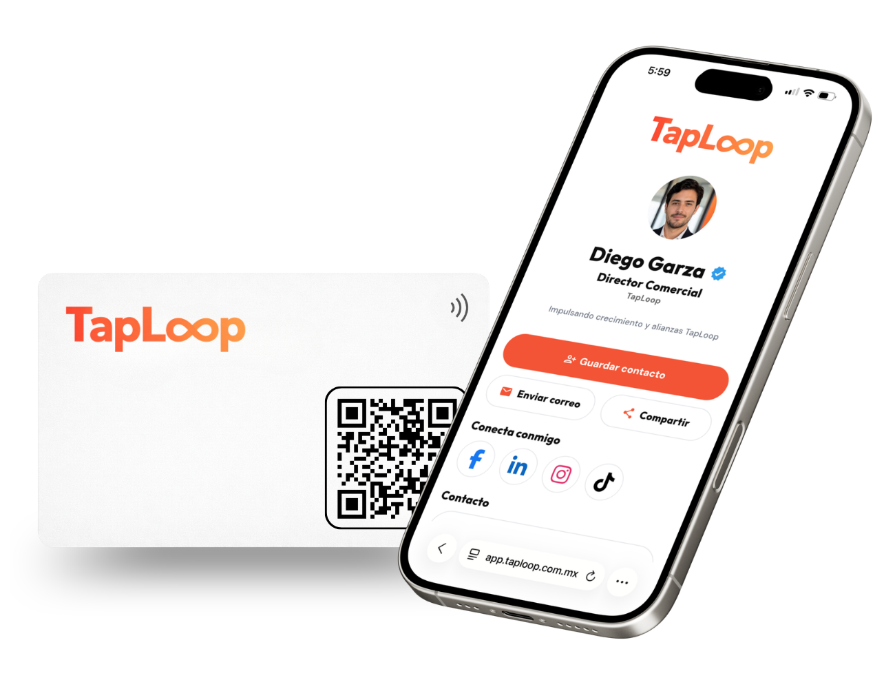 Tarjeta NFC TapLoop con perfil digital en teléfono