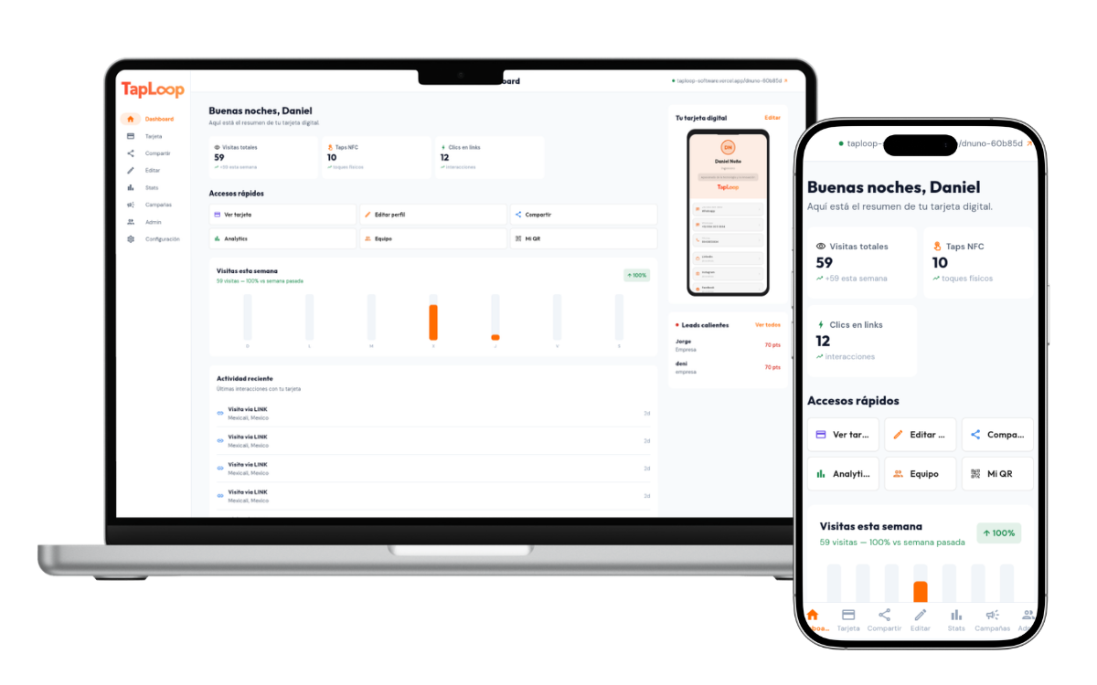 Perfil digital TapLoop con contacto, enlaces y acciones principales