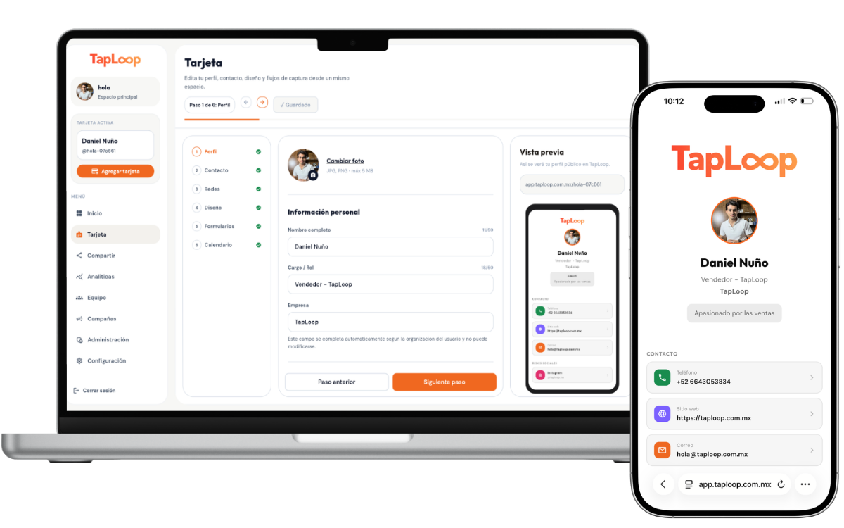 Editor de perfil TapLoop para actualizar información, redes y diseño
